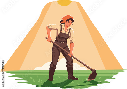 A strong woman, dressed in overalls, uses a hoe to cultivate a field under a radiant sun. She embodies resilience and provides for the earth. A powerful, hopeful image.