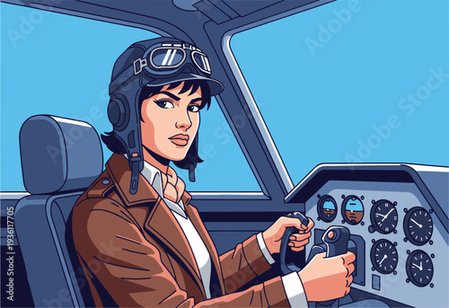A stylish woman pilot controls a vintage aircraft, embodying confidence and breaking boundaries. Bold colors and dynamic composition create a striking image.