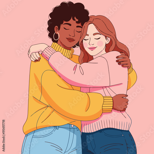 Two women embrace in a supportive hug. Vibrant colors and a modern illustration style convey sisterhood, love, and unwavering support. Perfect for social media and marketing.