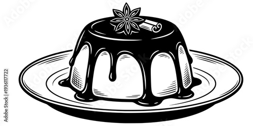 Classic rum baba with dripping syrup and star anise in minimalist woodcut style
