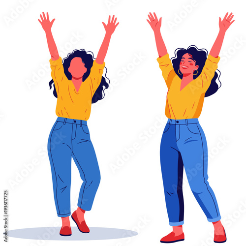 A vibrant illustration of a woman celebrating with raised arms, radiating positivity. Bold colors and a modern style convey empowerment and success. Perfect for campaigns promoting women.