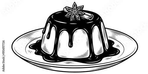 Classic rum baba with dripping syrup and star anise in minimalist woodcut style
