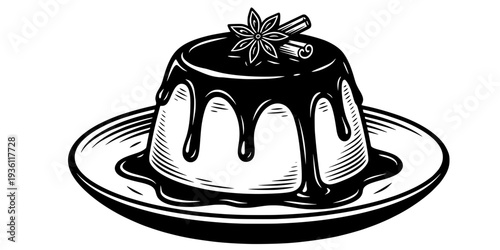 Classic rum baba with dripping syrup and star anise in minimalist woodcut style
