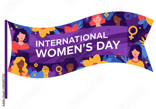 vibrant banner celebrates International Women's Day with diverse  figures and floral accents Bold purple text proclaims -International Women-s Day Equality Pride- Perfect for promotional materials