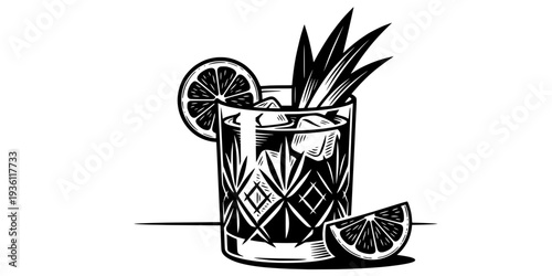 glass of Harvey Wallbanger with an orange wedge in minimalist clean woodcut drawing, 2182
