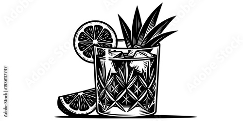 glass of Harvey Wallbanger with an orange wedge in minimalist clean woodcut drawing, 2182
