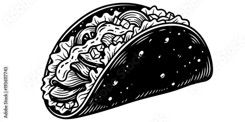 Monochrome woodcut style illustration of a taco filled with chicken and avocado
