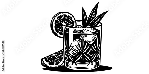 glass of Harvey Wallbanger with an orange wedge in minimalist clean woodcut drawing, 2182
