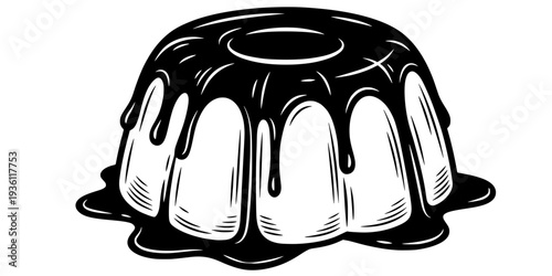 Monochrome woodcut style rum baba illustration drenched in viscous syrup elegance
