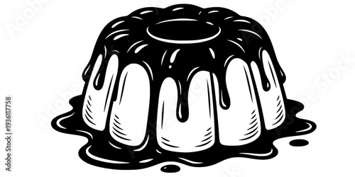 Monochrome woodcut style rum baba illustration drenched in viscous syrup elegance

