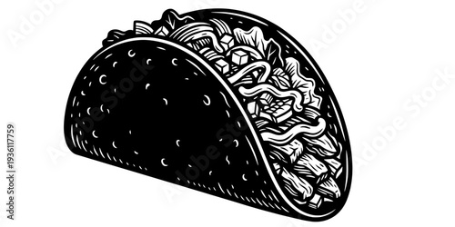 Monochrome woodcut style illustration of a taco filled with chicken and avocado
