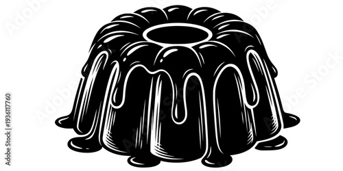 Monochrome woodcut style rum baba illustration drenched in viscous syrup elegance
