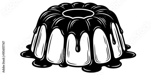 Monochrome woodcut style rum baba illustration drenched in viscous syrup elegance
