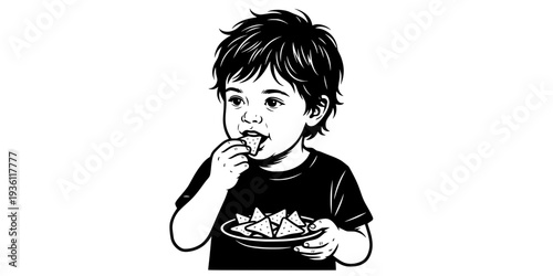 Engraving of a young girl enjoying spicy samosas with a curious expression
