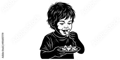 Engraving of a young girl enjoying spicy samosas with a curious expression

