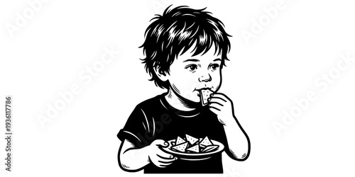 Engraving of a young girl enjoying spicy samosas with a curious expression
