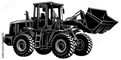 Monochrome Woodcut Illustration of a Scraper Vehicle in Detailed
