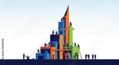 Teamwork building abstract skyscraper structure with diverse colors and tiny people figures climbing, symbolizing growth and collaboration