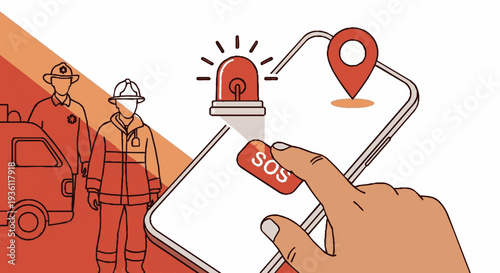 Emergency services sos alert on smartphone with firefighters and vehicle