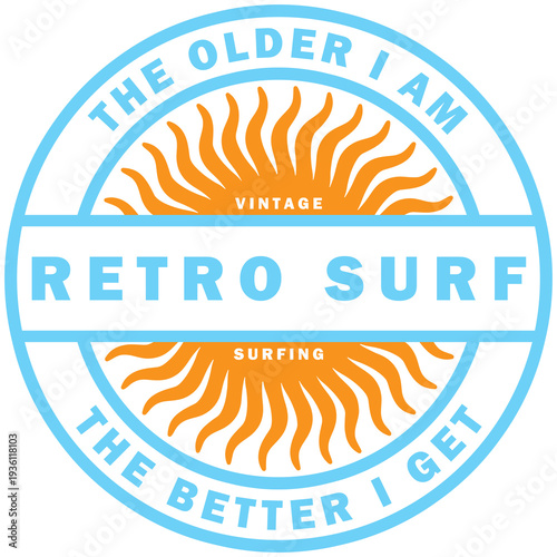 Tablou pe pânză Bold blue circular badge with an orange sunburst and 'Retro Surf' stripe