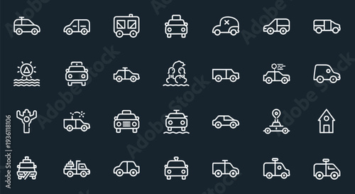 Vehicle icons set on dark background