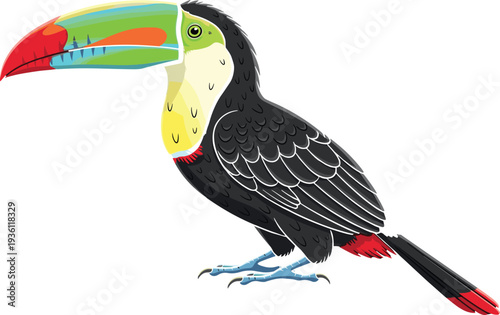 Colorful toucan bird illustration with vibrant rainbow beak tropical wildlife exotic jungle animal cartoon style vector isolated on white background