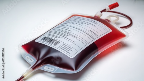 A close-up view of a blood bag with a label and attached tubing.