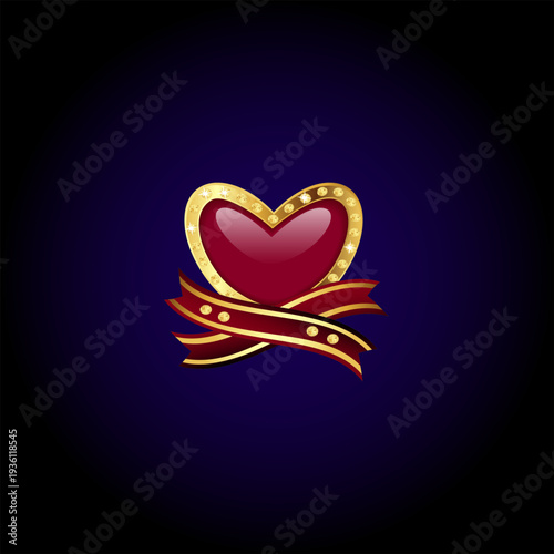 A heart made of gold, diamonds, and a precious stone with ribbons on a dark background
