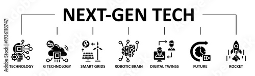 Nex-Gen Tech banner web icon vector glyph style illustration concept with icon of next-gen tech, innovation, robotics, ai, data, automation, computing
