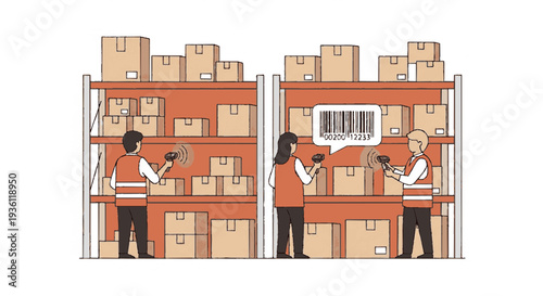 Warehouse workers scanning packages on shelves in a busy storage room with boxes