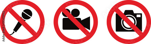 No photography or recording signs with microphone and camera icons