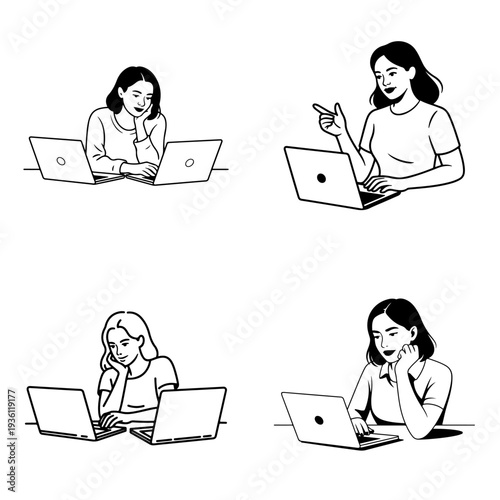 Four women using laptops in different poses and expressions