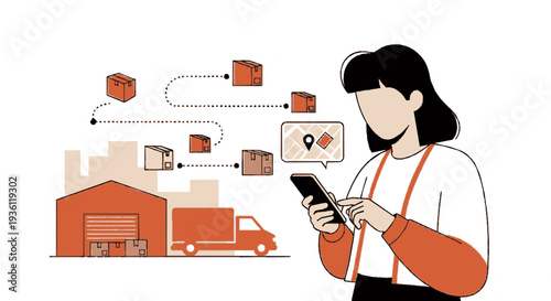 Woman tracking packages on phone with warehouse and delivery truck in background efficient logistics and shipping process
