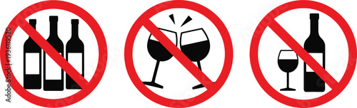 No drinking signs with wine bottles and glasses icons
