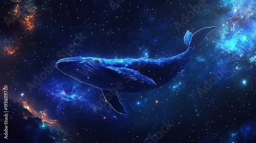 Whale in Cosmic Ocean: A majestic whale soars through a mesmerizing cosmic ocean, its silhouette outlined against the vibrant nebula. A fusion of marine life and the universe