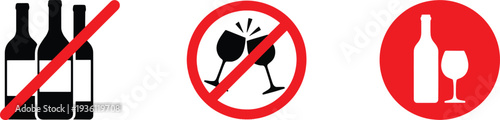 No alcohol signs with wine bottles and glasses icons