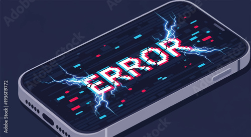 Isometric smartphone with a pixelated 'ERROR' message on the screen, surrounded by digital lightning and glitch effects, symbolizing system malfunction or digital breakdown.