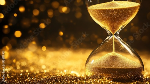 Golden Hourglass: Capturing a timeless moment, this image showcases a stunning glass hourglass with flowing golden sand, beautifully illuminated by a cascade of shimmering particles.