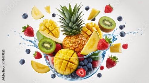 A vibrant bowl of tropical fruits surrounded by berries and a pineapple.