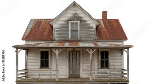 Abandoned house with rusted roof and wooden porch in a desolate area.