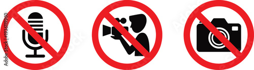 No photography or recording signs with microphone camera and video icons