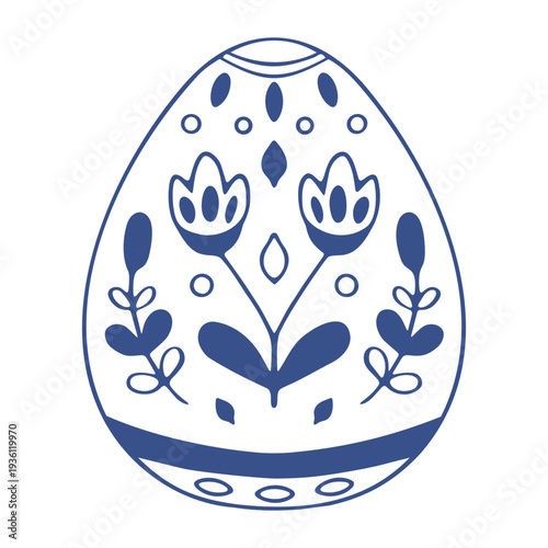 Nordic Easter egg with symmetrical floral branch ornament. Blue outline vector illustration on white background