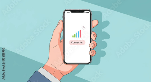 Close-up of a hand holding a modern smartphone displaying full signal bars and a 'Connected' status, symbolizing strong mobile network connectivity and reliable internet access on a digital device.
