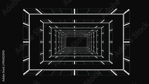 Futuristic tunnel with white grid lines on black background