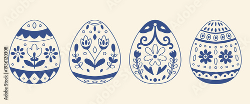 Ornamental Easter egg collection with folk geometric band patterns. Blue outline line art vector illustration on beige background 