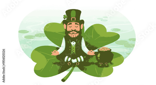 A cheerful leprechaun meditates on a giant shamrock with a pot of gold on st patrick's day