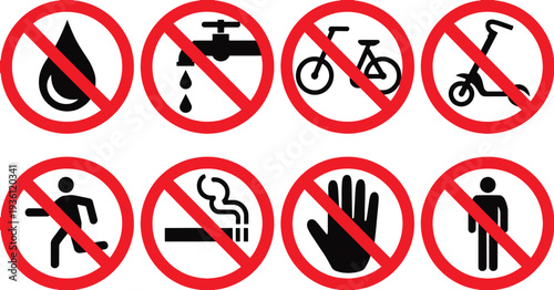 No smoking running drinking bicycle scooter touching walking hand and water signs  prohibited actions