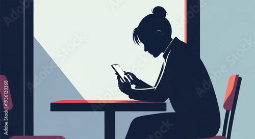 Minimalist illustration of a person's silhouette deeply focused on a smartphone, capturing themes of digital connection, solitude, and modern life.