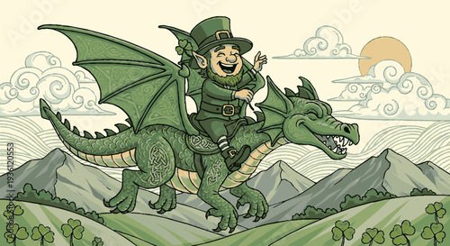 Leprechaun rides green dragon over mountains with clouds and sunset
