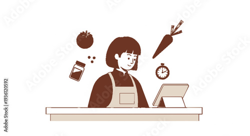 Woman working at a counter with food items and a clock around her head